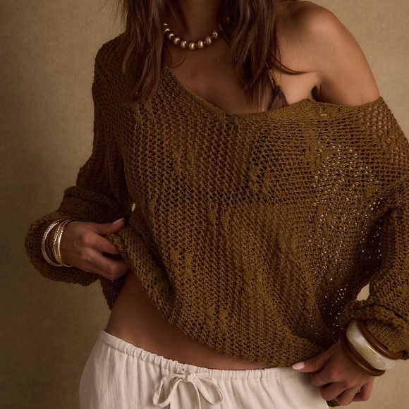 12th Tribe Tops - 12th Tribe Sunfade Olive Crochet Sweater Size XS